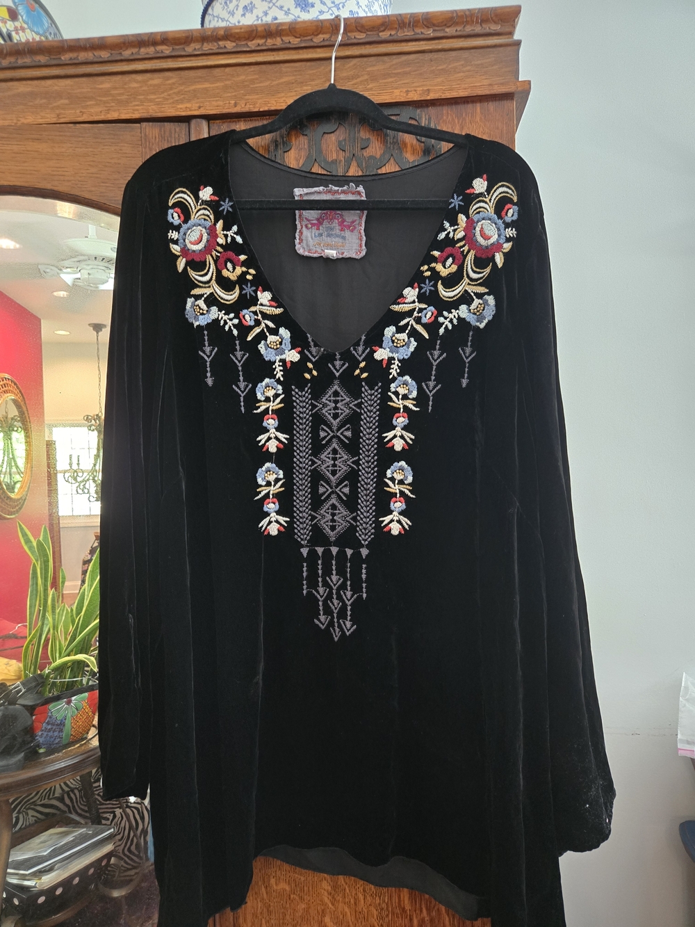 Johnny Was Black Velvet Tunic with Multicolor Floral Embroidery
